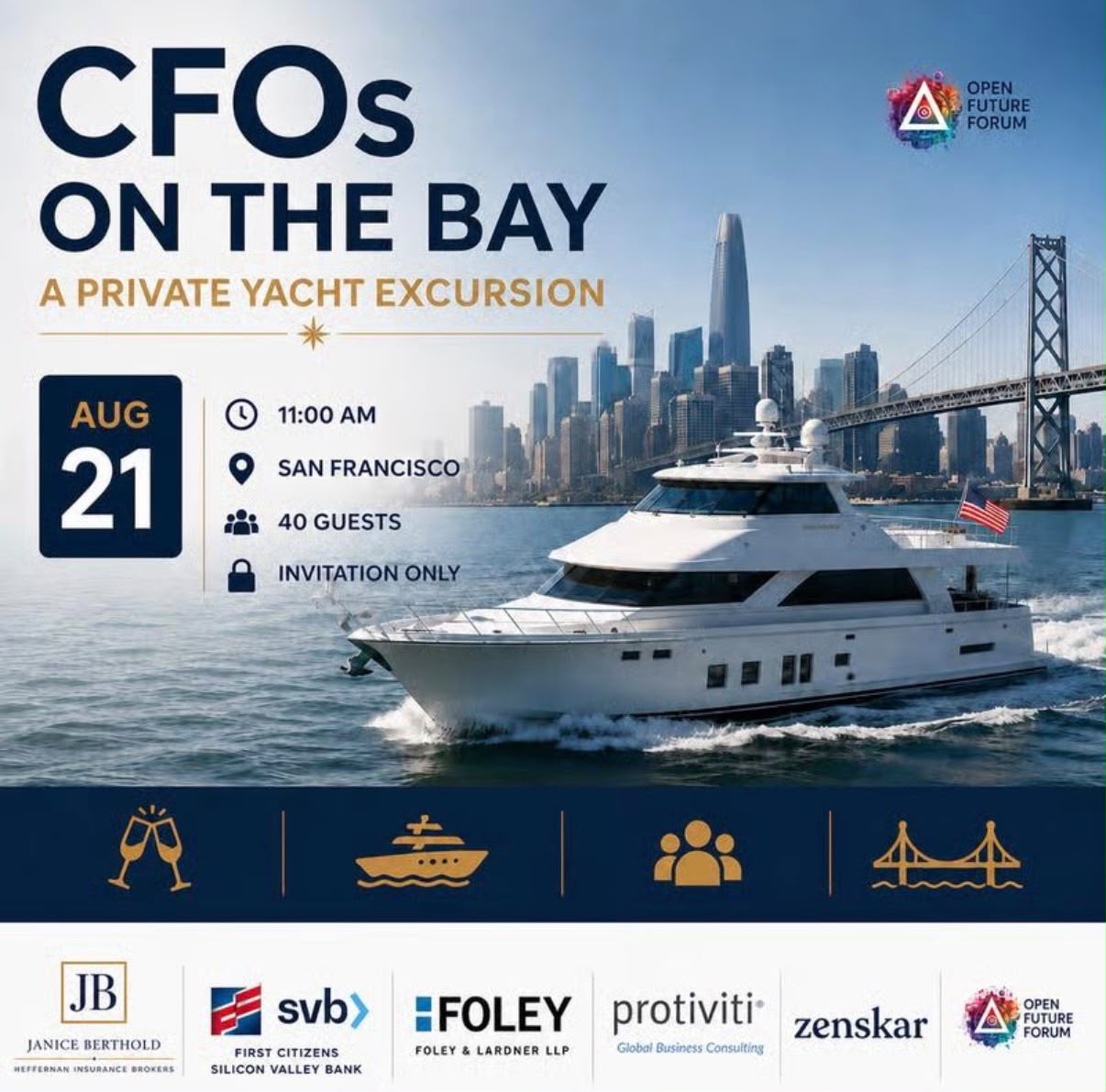 Event announcement for CFOs on the Bay: A Private Yacht Excursion, hosted by the Open Future Forum in San Francisco on August 21.